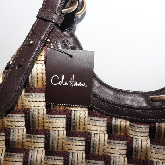 NWT COLE HAAN Genevieve Woven Triangle Hobo Shoulder Handbag Tote Silk Raffia - Picture 2 of 12
